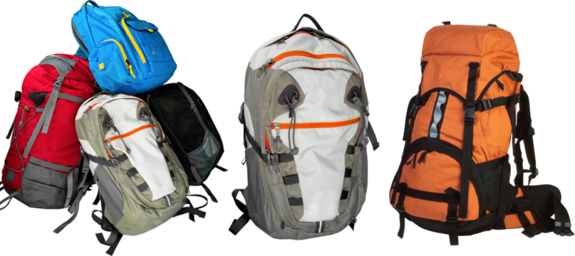 Camping bag With Chair Hiking Backpack with Rolled Sleeping Bag, Side PNG Travel bag with attached neck pillow Transparent background, PNG file Vintage Backpack In Halftone