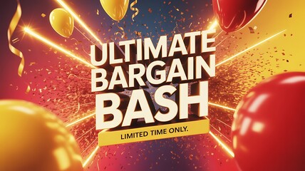 Celebrate incredible savings at our ultimate bargain bash event, a limited time offer you can't miss, featuring festive balloons, confetti, and a burst of excitement for unbeatable deals