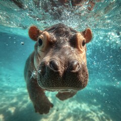 a baby hippopotamus swimming underwater. 