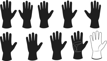  Glove silhouette icon set, protective handwear graphics, black vector illustration, safety glove designs, industrial work gear symbols, ergonomic equipment visuals
