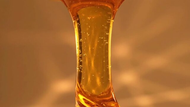 Liquid Gold Cascade Golden Syrup Pouring in a Swirl with Reflective Texture on a Beige Backdrop Perfect for Sweet Food Advertisement and Dessert Themed Backgrounds 198 Characters