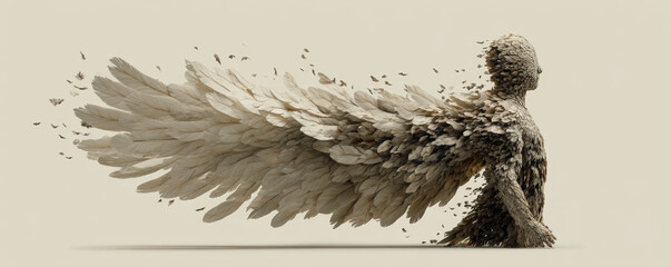 Winged human figure made of beige feathers walking forward, ethereal motion and fragmented particles convey introspective longing