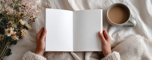 Open blank notebook blank notebook open journal hands holding book cozy scene cup of coffee knit sweater dried flowers bed linen flatlay lifestyle