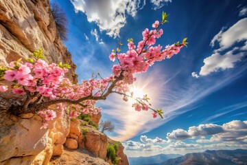 Naklejka premium A Stunning Panorama of Pink Blossoms Flourishing on a Rocky Cliffside Under a Vivid Spring Sky