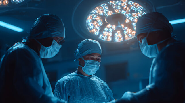 Surgical team in sterile operating room under bright surgical light performing procedure with focused professional concentration - Powered by Adobe