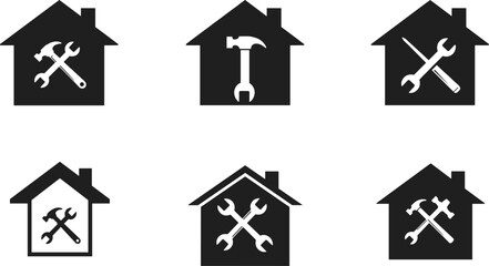 Home repair tool icons, house silhouette with wrench and hammer, black vector illustration, handyman service symbols, construction and maintenance graphics, DIY tools