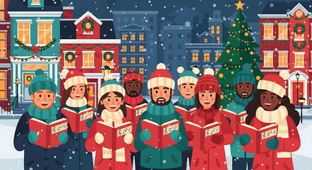 Festive Holiday Carols: Christmas Carolers Singing in Snowy Town Square