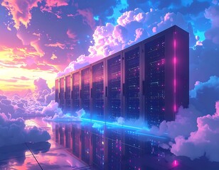 Futuristic server racks float above a reflective surface, sky backdrop