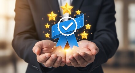 Businessman holding a blue ribbon award with stars and a checkmark in his hands recognition
