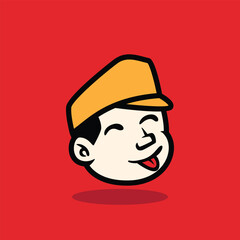 Cartoon face of a surprised or confused boy wearing a yellow cap. Expressive emotional vector illustration on red background, ideal for mascot, logo, or sticker design