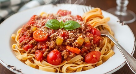 Delicious Fettuccine Bolognese Pasta Dish with Fresh Basil and Cherry Tomatoes.