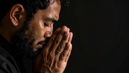 Close-up of man praying to god with hands togethe.