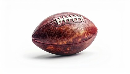 A close up studio shot of a brown American football on a clean white background with dramatic lighting highlighting the texture of the ball and the white laces