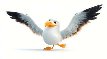 Obraz premium A cheerful cartoon seagull with wings spread wide and legs in motion presented on a clean white background