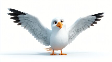 Fototapeta premium A cartoon seagull with its wings spread wide and looking directly at the camera isolated on a white background