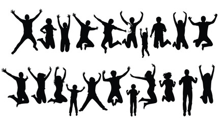 Vector art of a diverse group of people of various ages and sizes jumping joyfully in the air