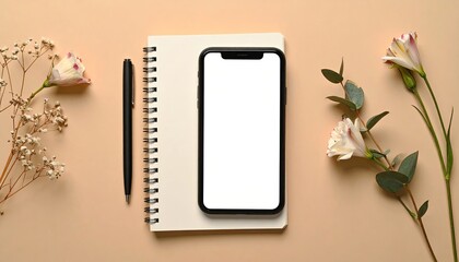 A minimalist flat lay composition featuring a smartphone and notebook with delicate flowers and a pen on a neutral background symbolizing organization and modern communication