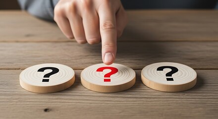 Finger pointing at a red question mark among three wooden discs on a table black question mark