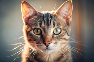 A captivating close-up portrait of a domestic shorthair cat, exhibiting striking green eyes and a curious expression, bathed in warm, golden sunlight.