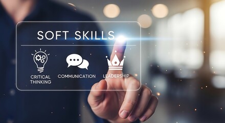 Finger touching a digital screen displaying " SOFTSKILS" with icons for critical thinking communication and leadership