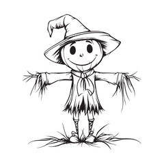 Scary halloween scarecrow silhouette vector for decoration editable vector Line art illustration of a scarecrow with a menacing carved pumpkin face, wearing patched clothing and a hat. 