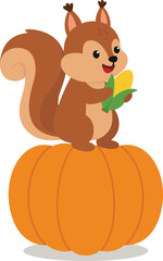 cute cartoon squirrel animal with cheerful expression standing on a pumpkin and holding corn
