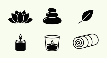 Spa icons lotus, stones, leaf, candle, votive, rolled towel