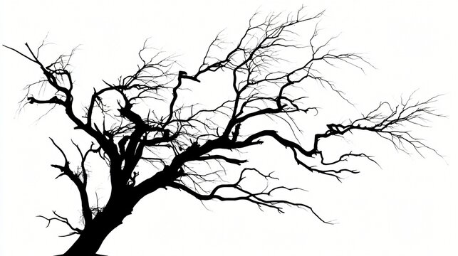 A stark silhouette of a bare gnarled tree with intricate branches reaching against a clean white background