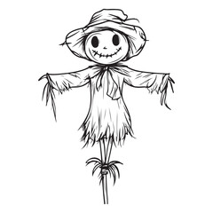 Scary halloween scarecrow silhouette vector for decoration editable vector Line art illustration of a scarecrow with a menacing carved pumpkin face, wearing patched clothing and a hat. 