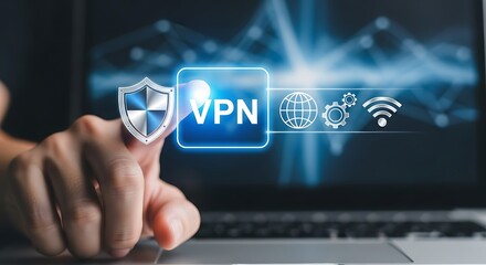 Finger touching VPN icon on a digital interface with shield and network symbols virtual private network