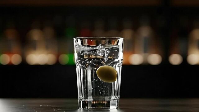Olive Martini Glass Splashing on Dark Bar Surface with Bokeh and Bottle Background with Focus on Liquid Motion and Olive Detail for Beverage Promotion 198 Character