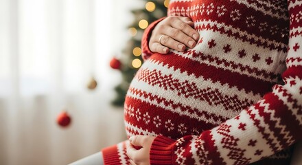 Pregnant woman wearing a cozy, festive Christmas sweater, cradling her baby bump