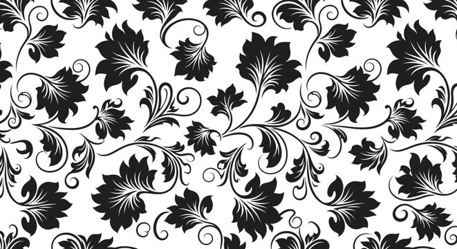 Black floral and vine pattern on a white background