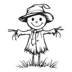 Scary halloween scarecrow silhouette vector for decoration editable vector Line art illustration of a scarecrow with a menacing carved pumpkin face, wearing patched clothing and a hat. 