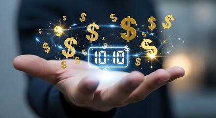 Hand Holding Digital Clock Surrounded by Golden Dollar Signs and Sparkles money finance