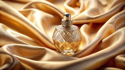 A luxurious golden perfume bottle rests on elegantly draped satin fabric, capturing the essence of sophisticated fragrance and opulence.