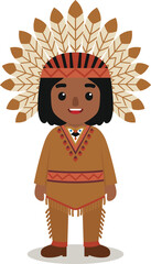 cute cartoon native wearing a war bonnet on his head in a standing pose
