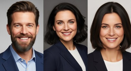 Three people, two men and one woman, standing side by side against a gray background.