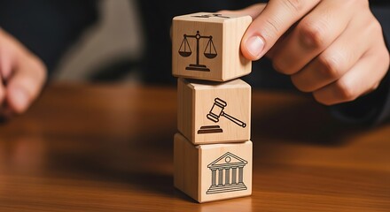 Hand stacking wooden blocks with icons of scales of justice, gavel, and courthouse legal