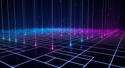 Abstract digital grid with glowing lines and dots, futuristic technology.