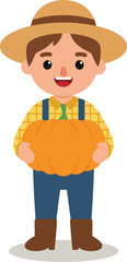 cute cartoon farmer standing with pumpkin in both hands