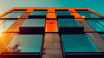 Architectural perspective of a modern building glowing under warm sunlight. Symmetrical lines and golden reflections represent sophistication, design precision, and corporate elegance.
