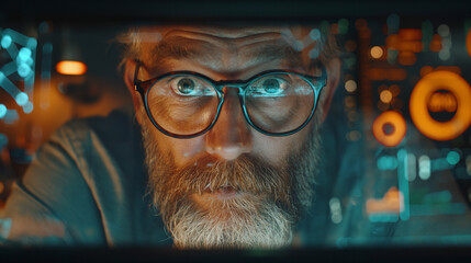 Close-up of a data analyst looking at digital dashboards. Concept of artificial intelligence, financial analysis, and data-driven decision-making. Warm lighting and a technological atmosphere.