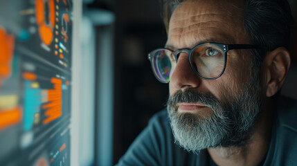 Portrait of a mature business consultant analyzing digital charts on a holographic screen. Concept of business strategy. Modern environment with blue and orange lighting reflecting innovation.