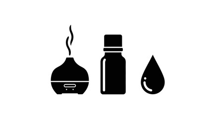 Essential oil diffuser, bottle, and droplet icons on a white background