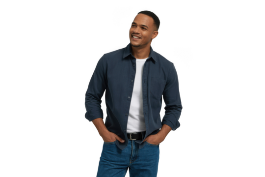 Man in blue shirt and jeans isolated on transparent background