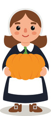 cute cartoon pilgrim woman standing with both hands holding a gourd