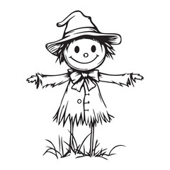 Scary halloween scarecrow silhouette vector for decoration editable vector Line art illustration of a scarecrow with a menacing carved pumpkin face, wearing patched clothing and a hat. 
