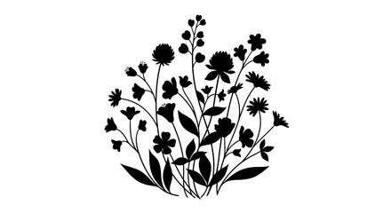 A silhouette of a bouquet of diverse wildflowers and foliage