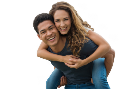 Young couple piggybacking isolated on transparent background